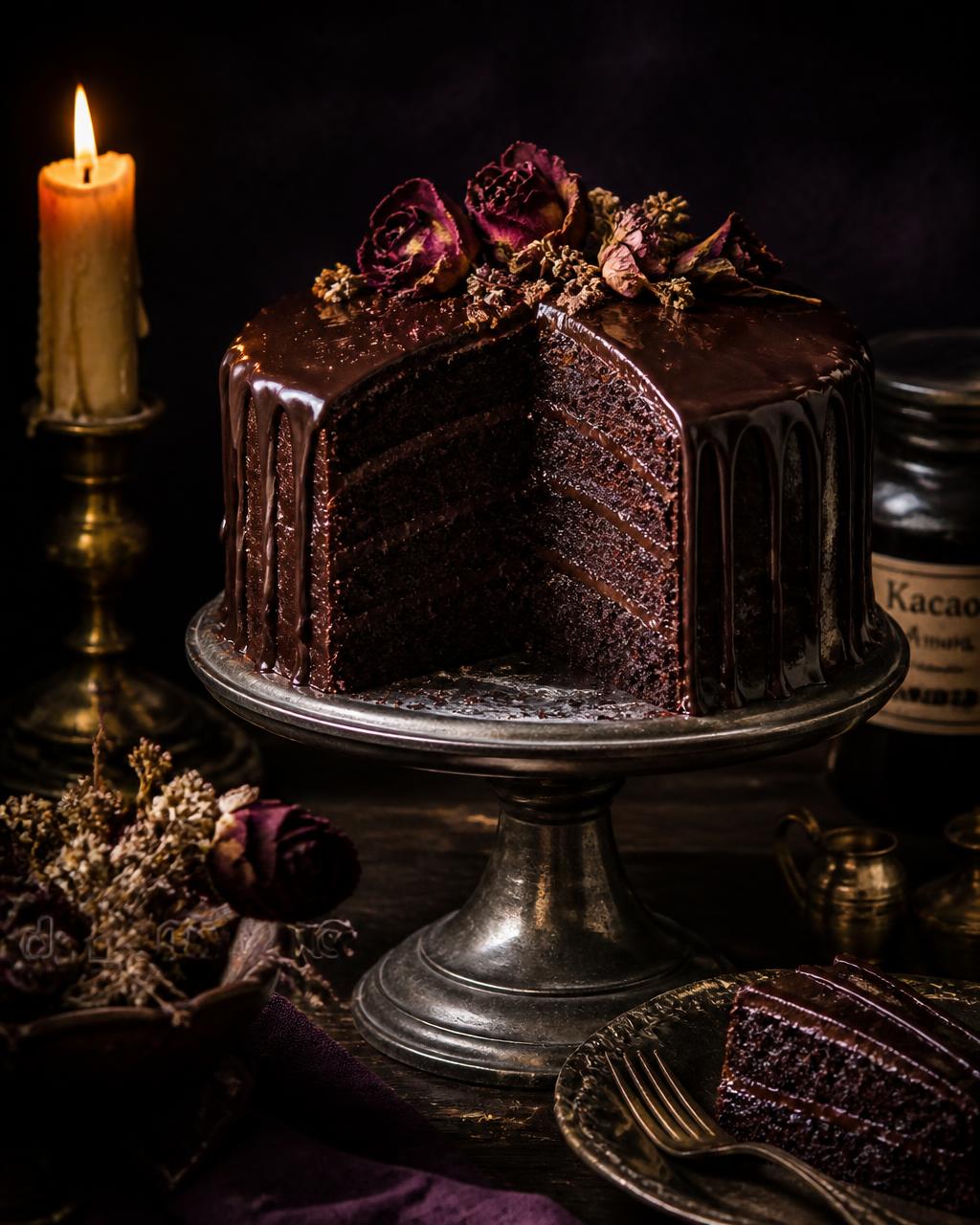 Dark chocolate ganache layer cake on a pewter stand
