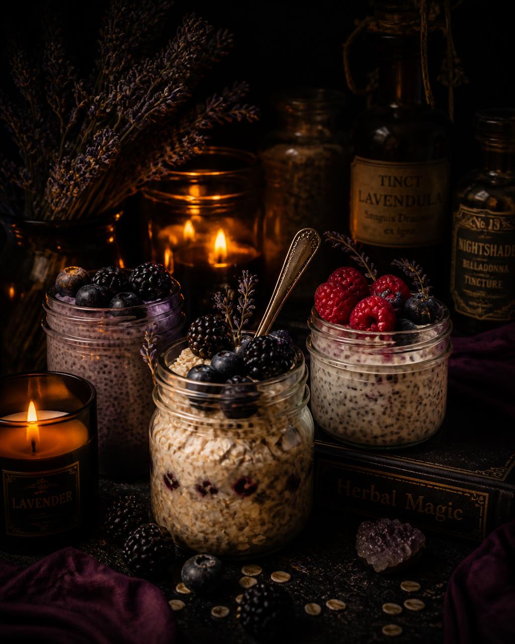 Jars of overnight oats and chia pudding with berries