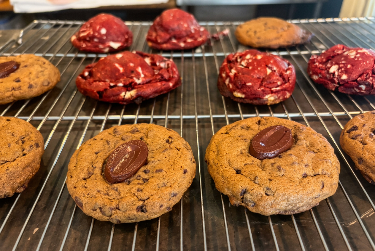 Chocolate chip cookies with crisp edges and gooey centers cooling on a rack